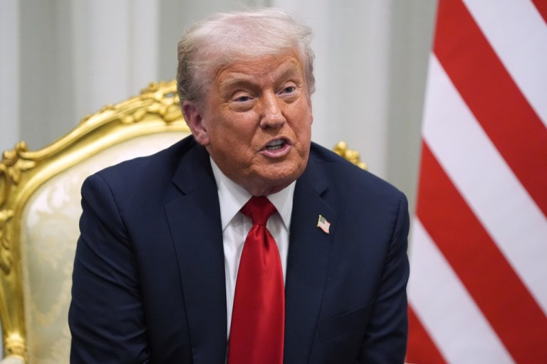 President Donald Trump speaks during a meeting with Egypt's President Abdel-Fattah el-Sissi during a summit to support ending the more than two-year Israel-Hamas war in Gaza after a breakthrough ceasefire deal, Monday, Oct. 13, 2025, in Sharm El Sheikh, Egypt. (AP Photo/Evan Vucci)
