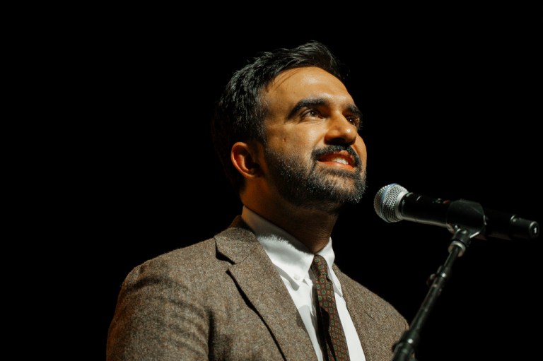 New York City mayoral candidate Zohran Mamdani speaking at rally.