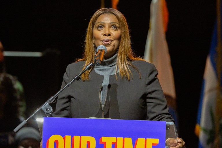 New York Attorney General Letitia James speaks at a campaign rally for New York City Democratic mayoral candidate Zohran Mamdani.