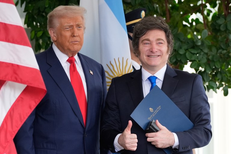 President Donald Trump greets Argentina's President Javier Milei at the White House, Tuesday, Oct. 14, 2025, in Washington.
