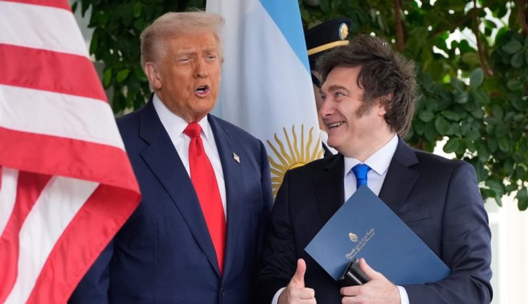 President Donald Trump greets Argentina's President Javier Milei at the White House, Tuesday, Oct. 14, 2025, in Washington.