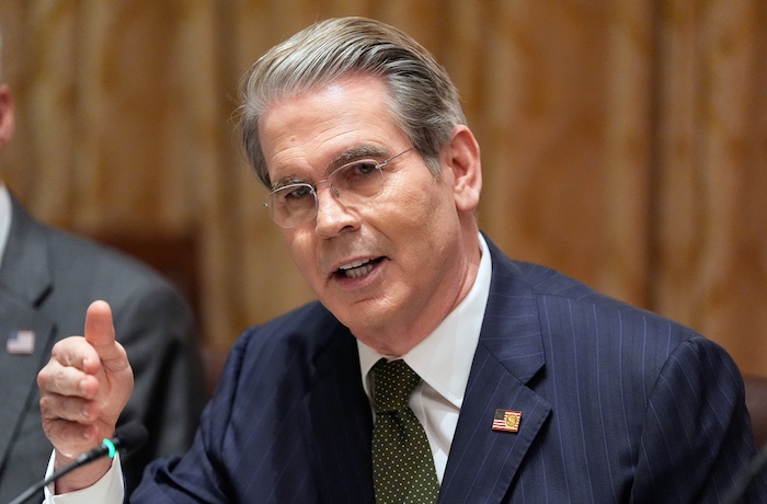 Treasury Secretary Scott Bessent speaks as President Donald Trump meets with Argentina's President Javier Milei in the Cabinet Room of the White House, Tuesday, Oct. 14, 2025, in Washington