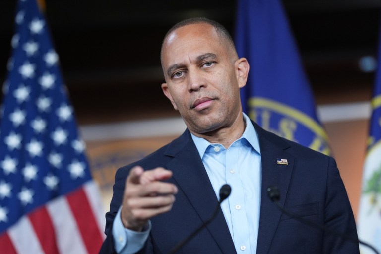 House Minority Leader Hakeem Jeffries, D-N.Y., speaks during a news conference as the government shutdown enters its third week, at the Capitol in Washington, Tuesday, Oct. 14, 2025. (AP Photo/J. Scott Applewhite)