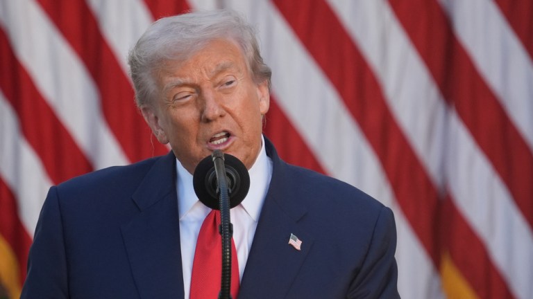 President Donald Trump speaks in front of the American flag.