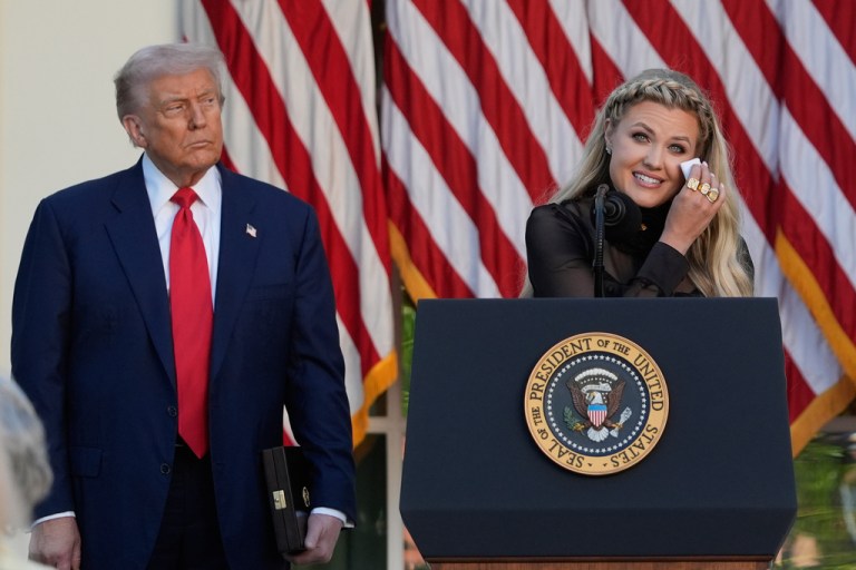 Erika Kirk speaks after President Donald Trump posthumously awarded the Presidential Medal of Freedom to Charlie Kirk in the Rose Garden of the White House, Tuesday, Oct. 14, 2025, in Washington.
