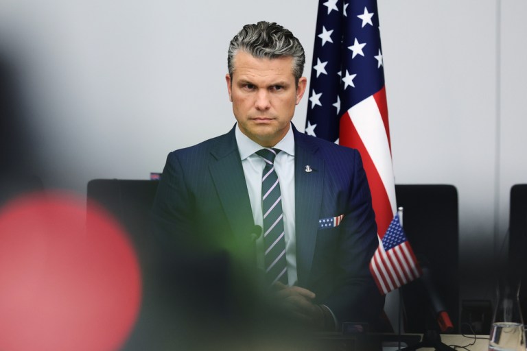 Pete Hegseth addresses a meeting of the Ukraine Defense Contact Group at NATO headquarters in Brussels, Wednesday, Oct. 15, 2025.