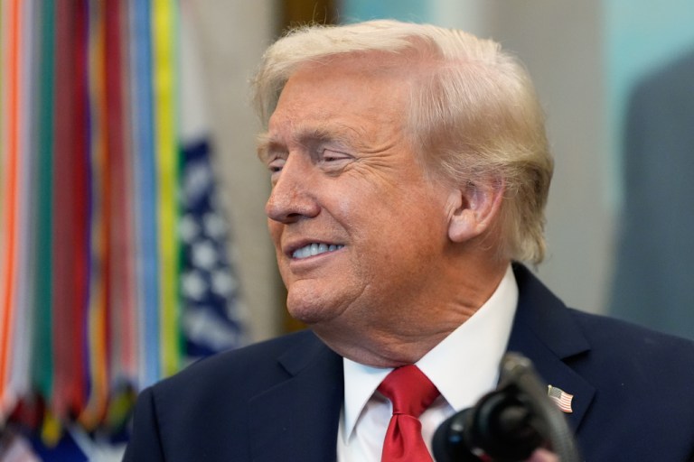 President Donald Trump speaks in the Oval Office of the White House, Thursday, Oct. 16, 2025, in Washington. (AP Photo/Alex Brandon)