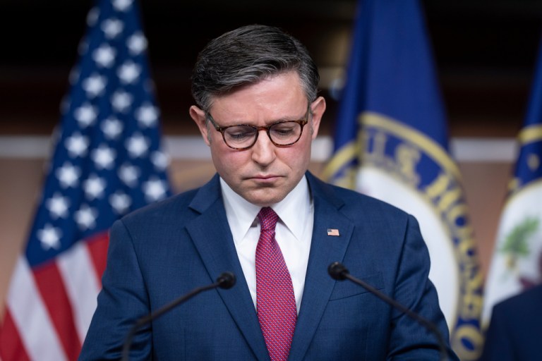 Speaker of the House Mike Johnson, R-La., pauses as he addresses reporters on day 17 of the government shutdown with no resolution in sight to the crisis, at the Capitol in Washington, Friday, Oct. 17, 2025. (AP Photo/J. Scott Applewhite)
