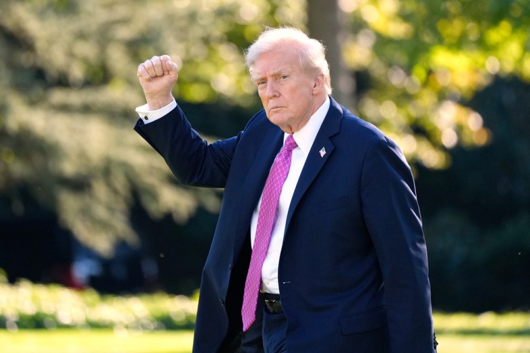 President Donald Trump gestures as he walks to depart on Marine One from the South Lawn of the White House, Friday, Oct. 17, 2025, in Washington.