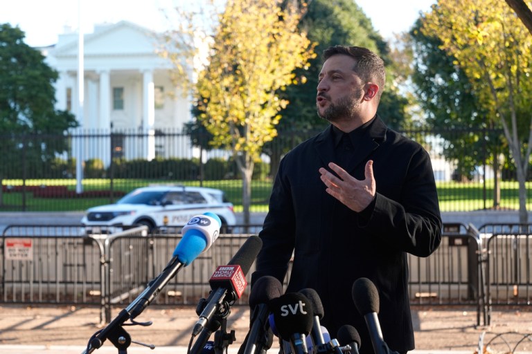 Ukraine's President Volodymyr Zelenskyy speaks to reporters in front of White House