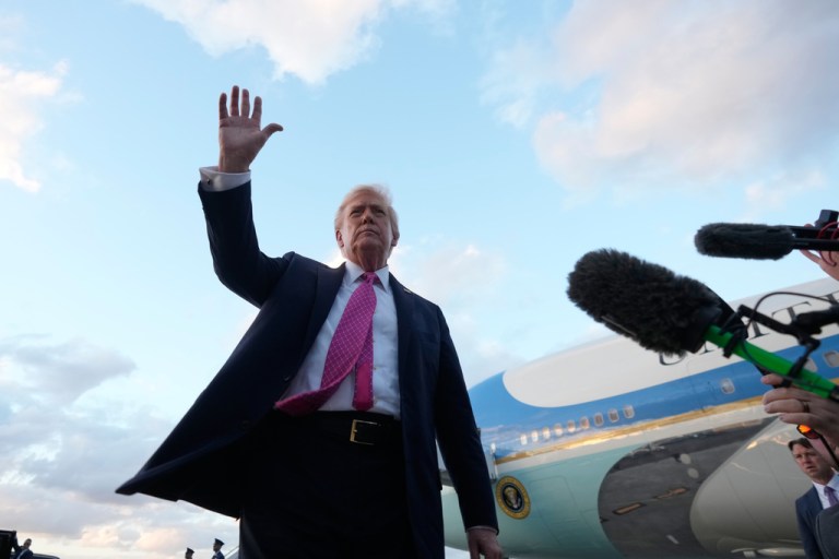 President Donald Trump waves after arrives on Air Force One, Friday, Oct. 17, 2025, at Palm Beach International Airport in West Palm Beach, Fla. (AP Photo/Mark Schiefelbein)