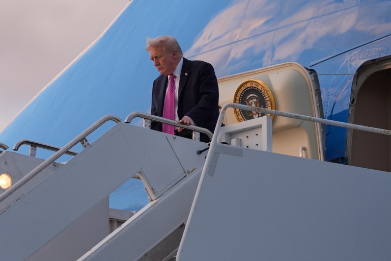 President Donald Trump arrives on Air Force One, Friday, Oct. 17, 2025, at Palm Beach International Airport in West Palm Beach, Fla. (AP Photo/Mark Schiefelbein)