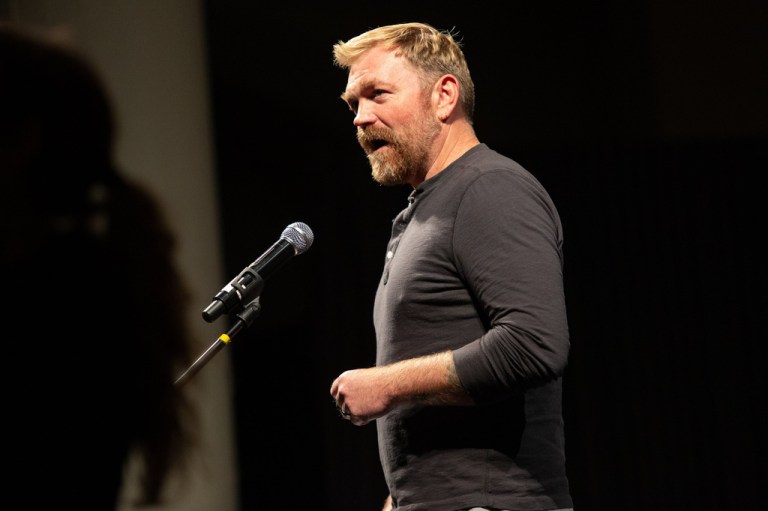 Senate candidate Graham Platner speaks.