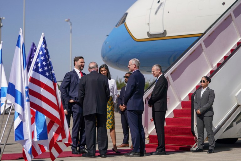 Vice President JD Vance and second lady Usha Vance greet U.S. Ambassador to Israel Mike Huckabee, Israeli Ambassador to the U.S. Yechiel Leiter, and Israeli Minister of Justice Yariv Levin.