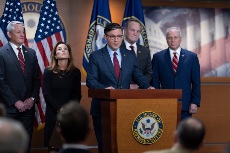 From left, Rep. Bruce Westerman (R-AR), Rep. Lisa McClain, R-Mich., Speaker of the House Mike Johnson, (R-LA), Rep. Michael Simpson (R-ID), and House Majority Leader Steve Scalise (R-LA), hold a news conference on day 22 of the government shutdown, at the Capitol in Washington, Wednesday, Oct. 22, 2025. (AP Photo/J. Scott Applewhite)