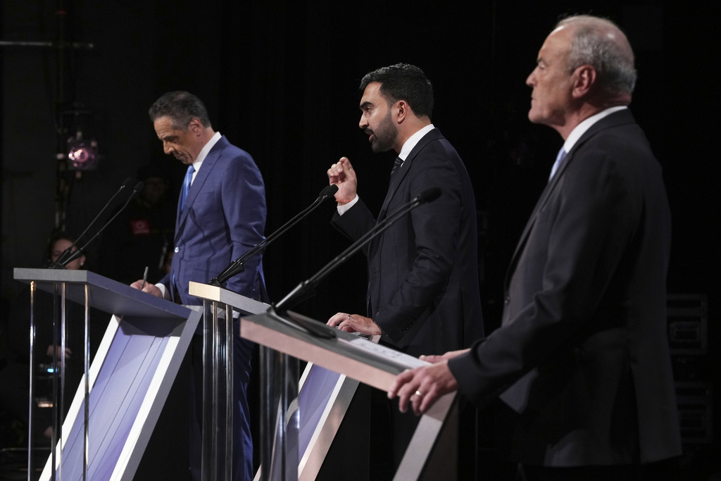 Independent candidate former New York Gov. Andrew Cuomo, Republican candidate Curtis Sliwa, and Democratic candidate Assemblyman Zohran Mamdani debate