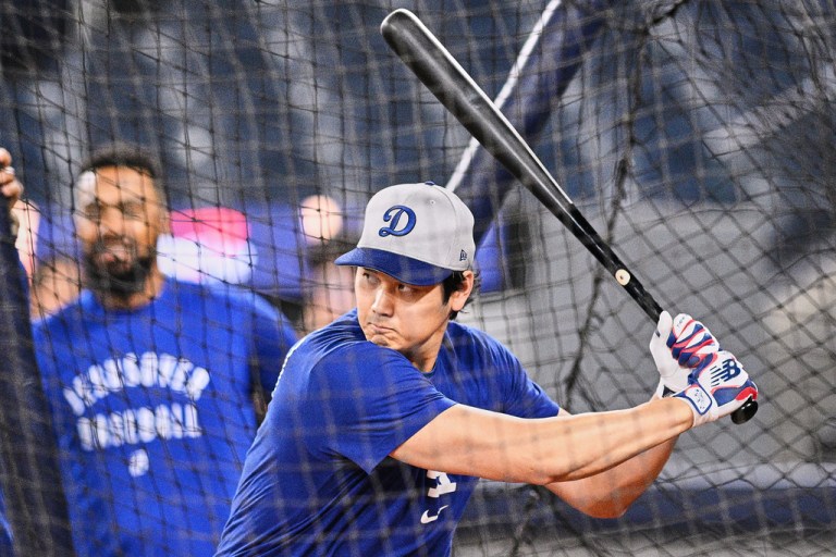 Los Angeles Dodgers' Shohei Ohtani (17) hits during batting practice ahead of the 2025 World Series against the Toronto Blue Jays in Toronto, on Thursday, Oct. 23, 2025. (Sammy Kogan/The Canadian Press via AP)