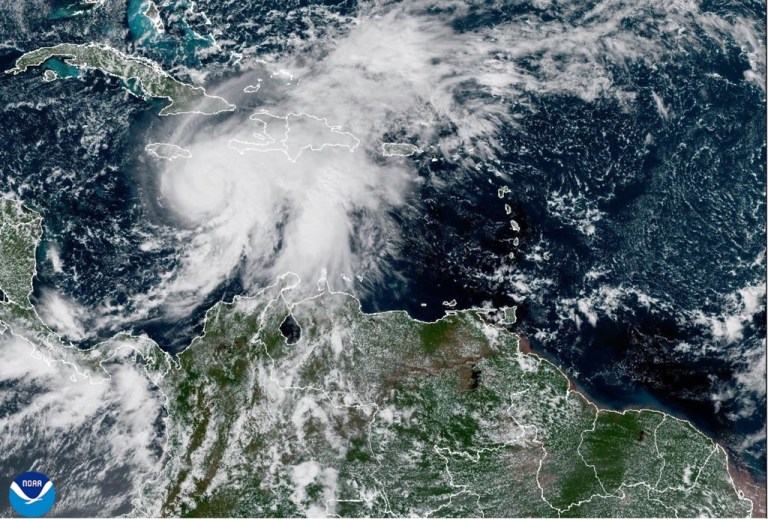 This satellite image provided by NOAA shows Tropical Storm Melissa on Saturday, Oct. 25, 2025.
