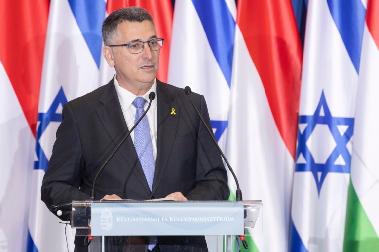 Israeli Foreign Minister Gideon Sa'ar speaks during his joint press conference with Hungarian Minister of Foreign Affairs and Trade Peter Szijjarto following their talks in Puskas Arena in Budapest, Hungary, Monday, Oct. 27, 2025. (Zoltan Kocsis/MTI via AP)