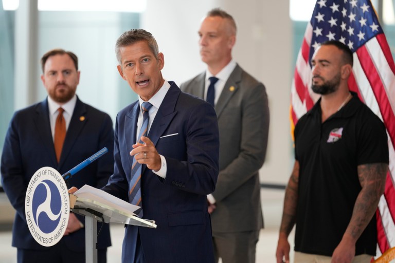 United States Secretary of Transportation Sean Duffy, second from left, speaks during a news conference at LaGuardia Airport in New York, Tuesday, Oct. 28, 2025. (AP Photo/Seth Wenig)