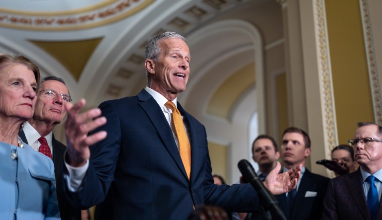 Senate Majority Leader John Thune, R-S.D., joined at left by Sen. Shelly Moore Capito, R-W.Va., and Sen. John Barrasso, R-Wyo., the GOP whip, speaks with reporters following a closed-door meeting with Vice President JD Vance on day 28 of the government shutdown, at the Capitol in Washington, Tuesday, Oct. 28, 2025.