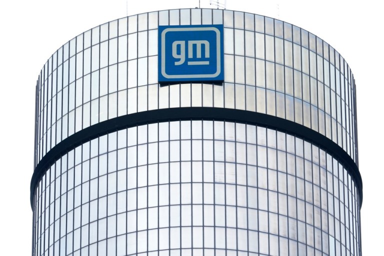 The General Motors logo is seen at its headquarters in Detroit.