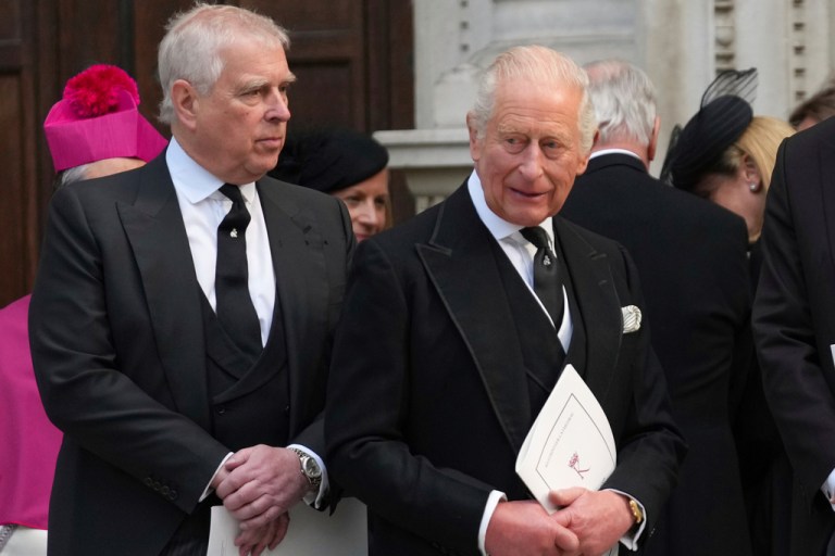 Britain's Prince Andrew, left, and Britain's King Charles III