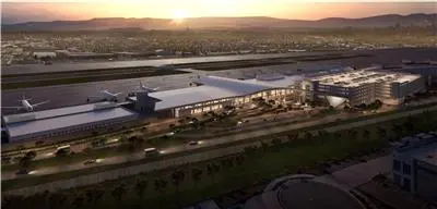 An aerial view of an airport.