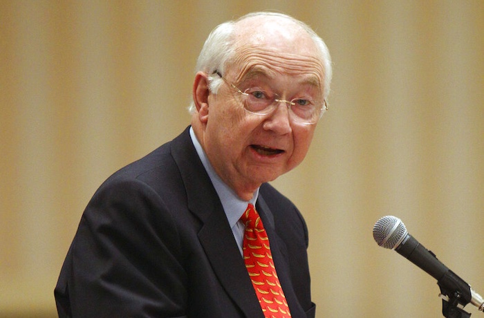 Former U.S. Sen. Phil Gramm of Texas speaks at a dinner to honor former New Hampshire U.S. Sen. Warren Rudman, Sunday, April 21, 2013 in Concord, N.H