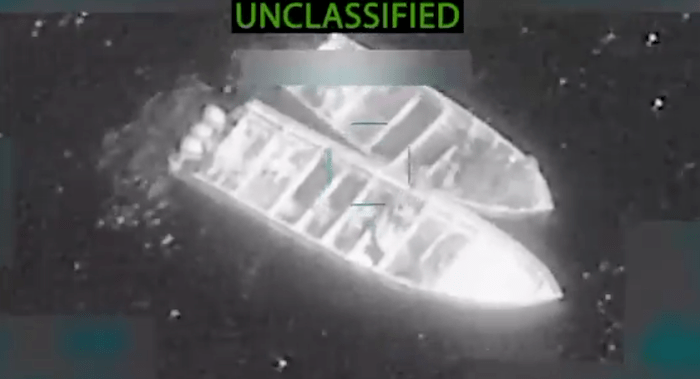 A declassified image of a U.S. strike on an alleged Venezuelan drug boat.