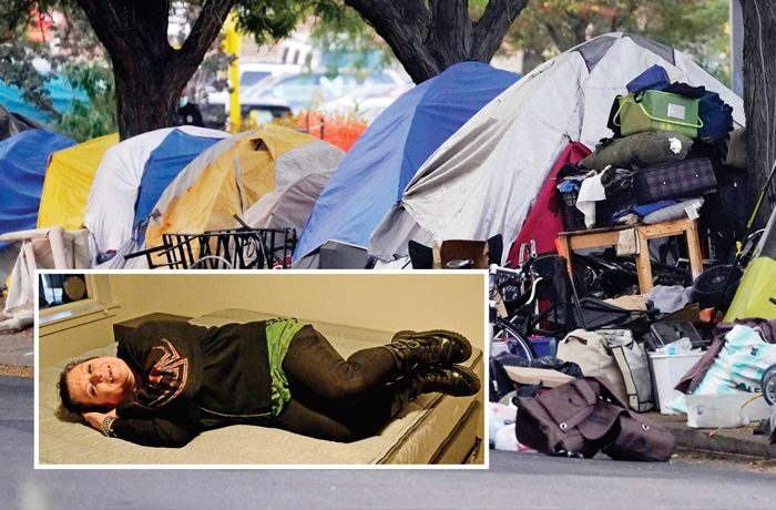 Above, a homeless camp near the Colorado State Capitol in downtown Denver; at left, former homeless shelter resident Heather Kier on her new bed in a rented apartment in Denver, Nov. 14, 2024. Top, David Zalubowski/AP; inset, Hyoung Chang/Denver Post/Getty)