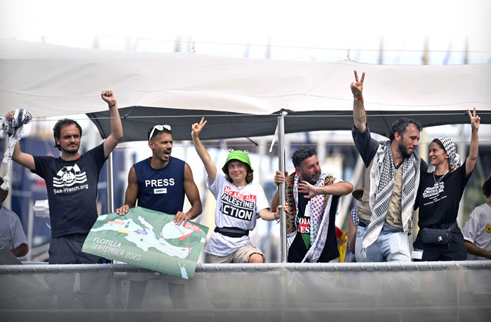 Swedish activist Greta Thunberg boards a ship of the Global Sumud Flotilla as ships set sail from Barcelona, Spain, to Gaza on Aug. 31, 2025. (Burak Akbulut/Anadolu/Getty)