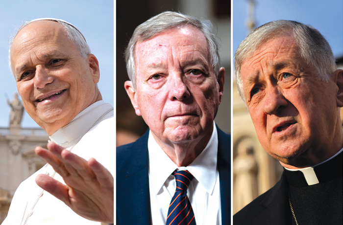 Left to right, Pope Leo XIV, Sen. Dick Durbin (D-IL), Cardinal Blase Cupich. (Gregorio Borgia/AP; J. Scott Applewhite/AP; Gregorio Borgia/AP)