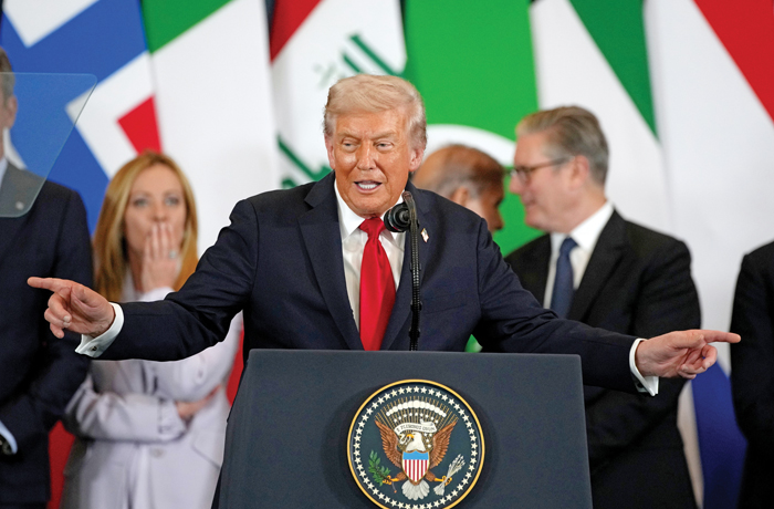 President Donald Trump speaks in Sharm el Sheikh, Egypt, during a summit confirming the end of war in Gaza.