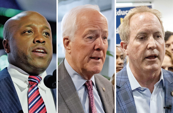 Left to right: Rep. Wesley Hunt (R-TX) at the GOP convention in Milwaukee, July 15, 2024. ; Sen. John Cornyn (R-TX) with reporters in Washington, D.C., Dec. 9, 2024.; Republican Texas Attorney General Ken Paxton in Leander, Texas, Jan. 7, 2025.