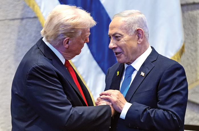 President Donald Trump and Israel’s Prime Minister Benjamin Netanyahu at the Knesset, Israel’s parliament on Oct. 13 in Jerusalem. (Evan Vucci/AP Photo)