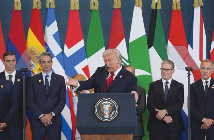 President Donald Trump speaks during a summit to support ending the Israel-Hamas war in Gaza after a breakthrough ceasefire deal on Oct. 13 in Sharm El Sheikh, Egypt.  (Evan Vucci/AP Photo)