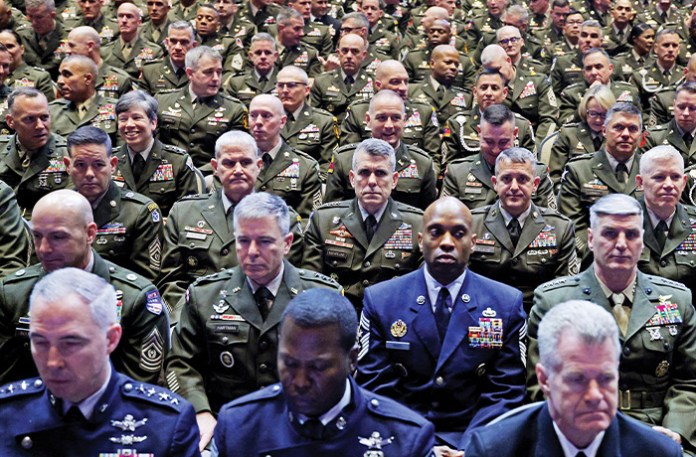 Senior military leaders gathered at Marine Corps Base Quantico in Quantico, Virginia, Sept. 30, 2025. (Alex Wong/Getty Images)