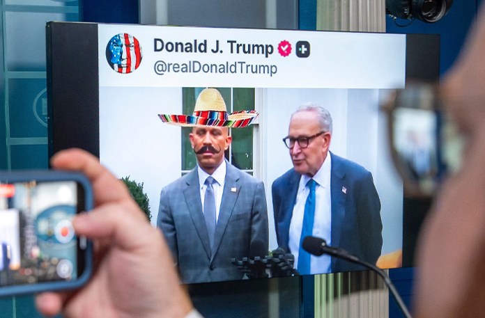A video posted on President Donald Trump’s Truth Social account depicting House Minority Leader Hakeem Jeffries (D-NY) and Senate Minority Leader Chuck Schumer (D-NY) is shown at the White House on Oct. 1. The sombrero and mustache were superimposed on Jeffries. (Alex Brandon/AP)