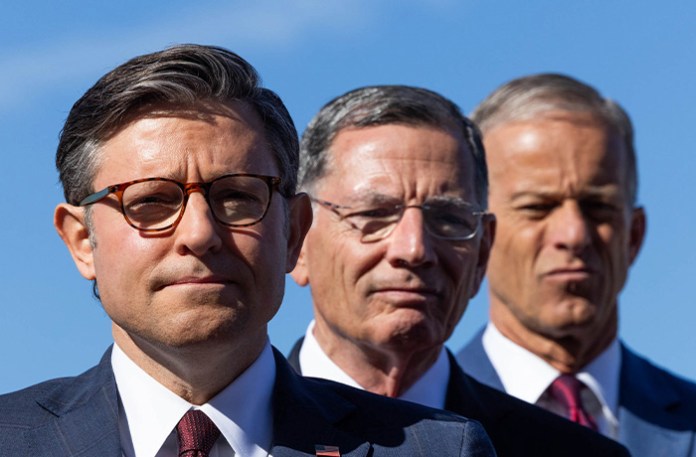 House Speaker Mike Johnson (R-LA), Senate Majority Whip John Barrasso (R-WY), and Senate Majority Leader John Thune (R-SD) (Graeme Jennings/Washington Examiner)