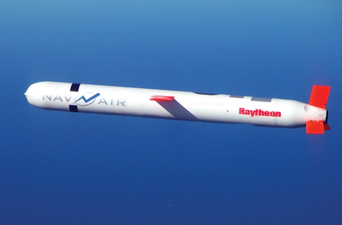 A Tomahawk cruise missile of the sort the Trump administration is said to be considering for Ukraine, on a test flight over southern California.