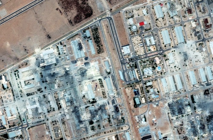 After the attack. Extensive building damage from the bombing is visible. (Satellite images (c) 2025 Maxar Technologies)