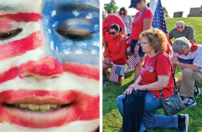 Left: Jessica Mitchell shows off her patriotic face paint during the annual Freedom Over Texas festival in Houston, July 4, 2024. (Jason Fochtman/Houston Chronicle/Getty); right, a group of parade-goers pauses for prayer near Johnstown, Pennsylvania, July 4, 2025. (Mark Rightmire/MediaNews Group/Orange County Register/Getty)