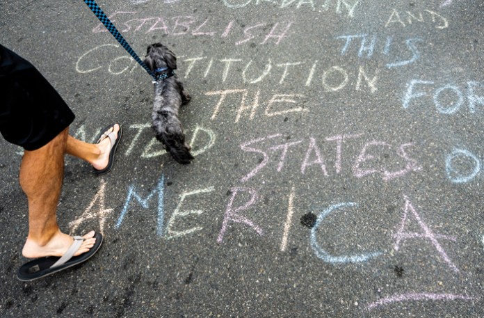 A dog and its owner on their way to the 119th Independence Day Parade in Hungtington Beach, California, July 4, 2023. (John Rucosky/The Tribune-Democrat/AP)