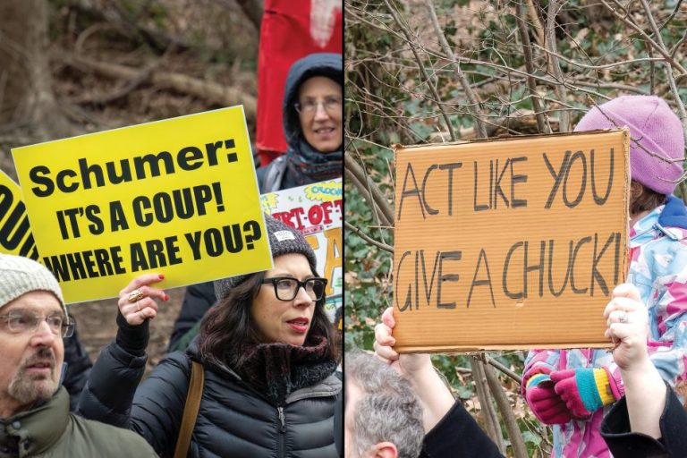 Outside the Brooklyn home of Senate Minority Leader Chuck Schumer (D-NY), protesters accuse him of inaction, Feb. 8, 2025. (Rhododendrites)