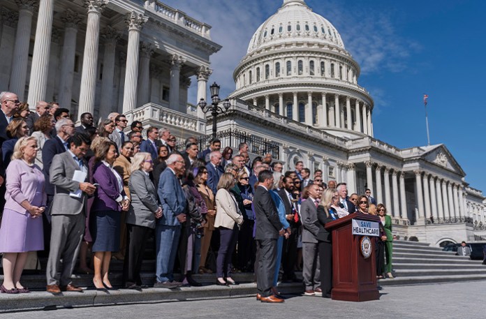House Democrats speak about healthcare funding during the government shutdown at the Capitol on Oct. 15. (J. Scott Applewhite/AP)