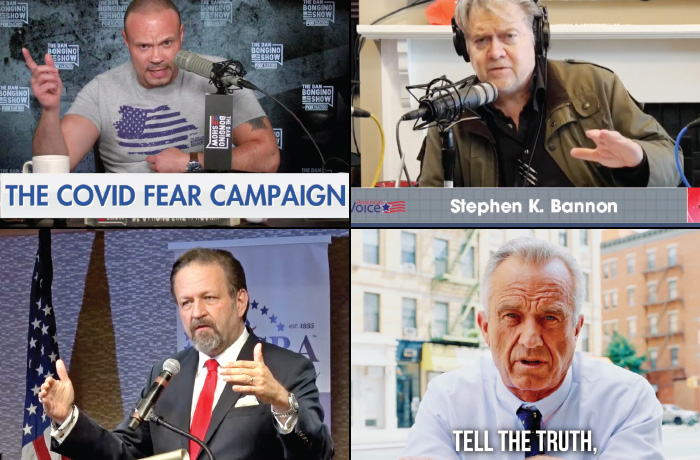 Now eligible for reinstatement (from top left to bottom right): former YouTube hosts Dan Bongino, Steve Bannon, Sebastian Gorka, and Robert F. Kennedy Jr. (Images via YouTube)