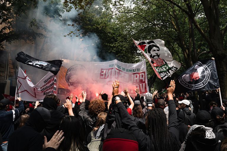 A few hundred people march through the streets of Paris, France, on June 8, 2025, to pay tribute to Clement Meric, the young anti-fascist activist murdered 12 years ago by a far-right skinhead. The demonstration is called by the 'Action Antifasciste -Paris - Banlieue', the 'Comite pour Clement', and 'Solidaires', and also denounces the war in Gaza and the rise in racist acts. (Photo by Jerome Gilles/NurPhoto via Getty Images)