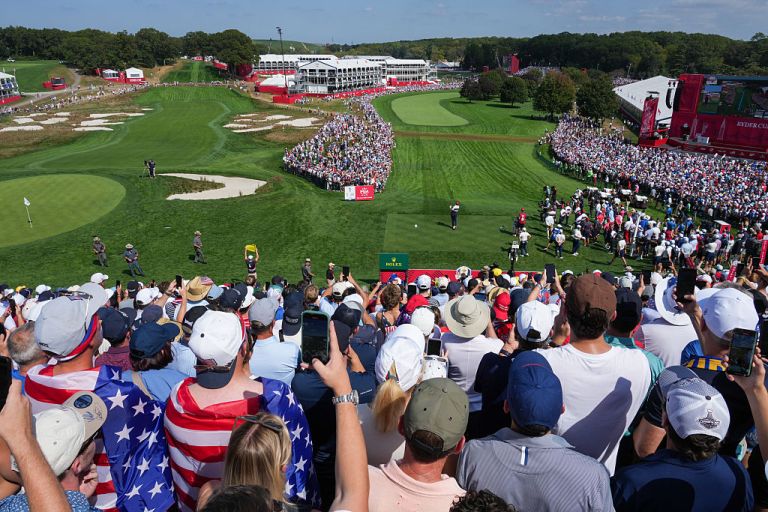 Scottie Scheffler of Team United States plays a tee shot on the first hole during the singles matches, during the Ryder Cup, at Black Course at Bethpage State Park Golf Course, on September 28, 2025 in Farmingdale, New York. (Photo by Ben Jared/PGA TOUR via Getty Images)
