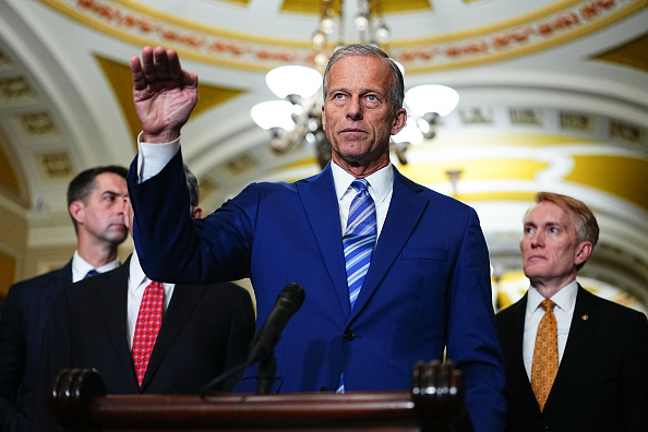 Sens. Tom Cotton (R-AK) from left, John Barrasso (R-WY), Majority Leader John Thune (R-SD), and James Lankford (R-OK).